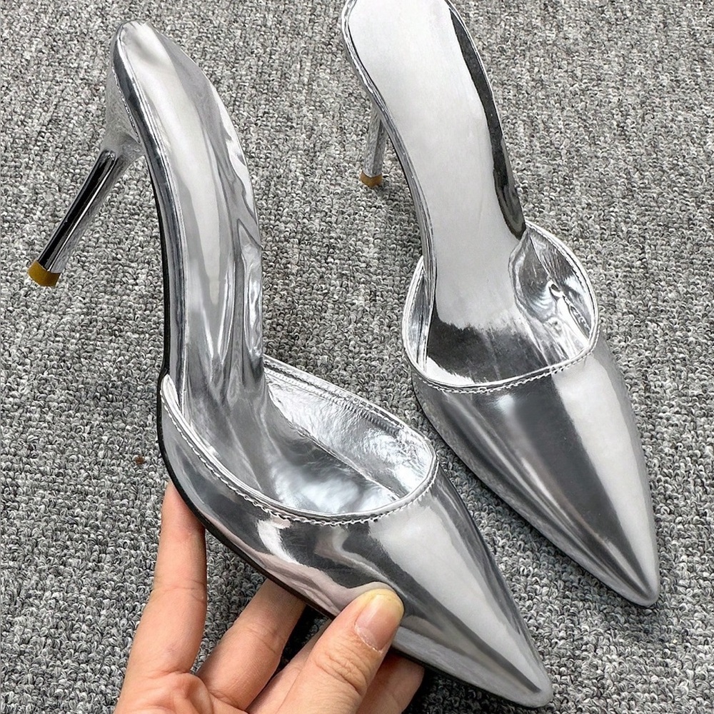 Silver Pointed-Toe Slingback Heels - Women's Dress Pumps